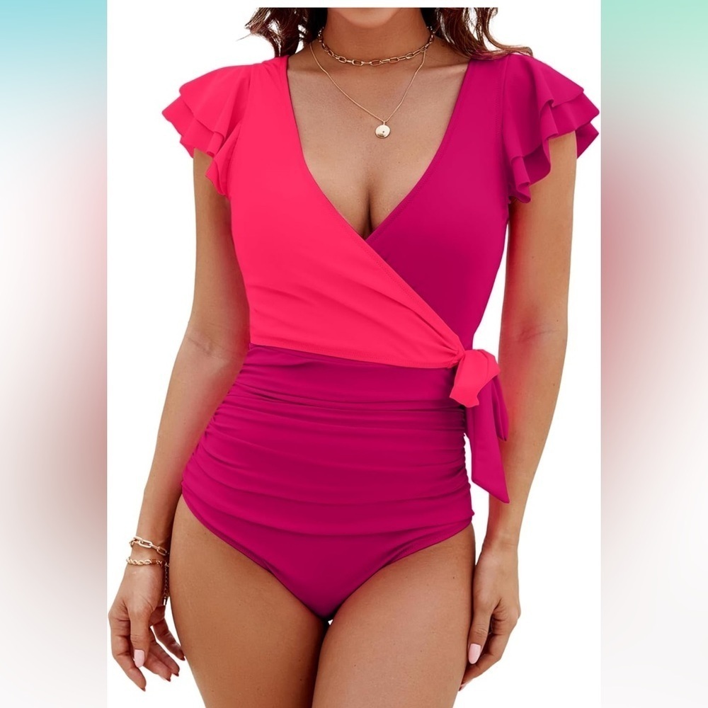 🆕 Tummy Control Slimming One Piece Bathing Suit Ruffle Wrap V Neck Swimwear